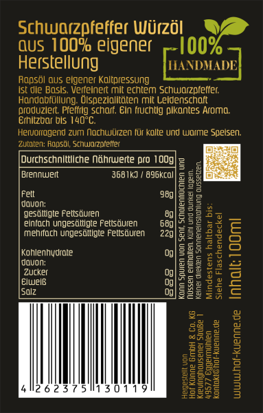 Schwarzpfeffer-Würzöl aus 100% eigener Herstellung